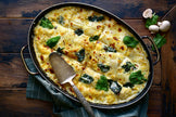Lasagne de saumon, épinards, ricotta, poireaux, carottes, choux-fleurs et béchamel au parmesan