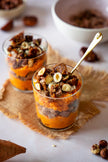 10 Verrine de féta, marrons, choux-fleurs et pois chiches rôtis au paprika et noisettes, ciboulette et purée de patate douce