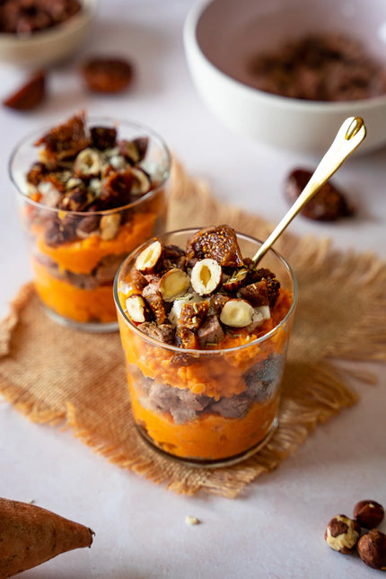 10 Verrine de féta, marrons, choux-fleurs et pois chiches rôtis au paprika et noisettes, ciboulette et purée de patate douce